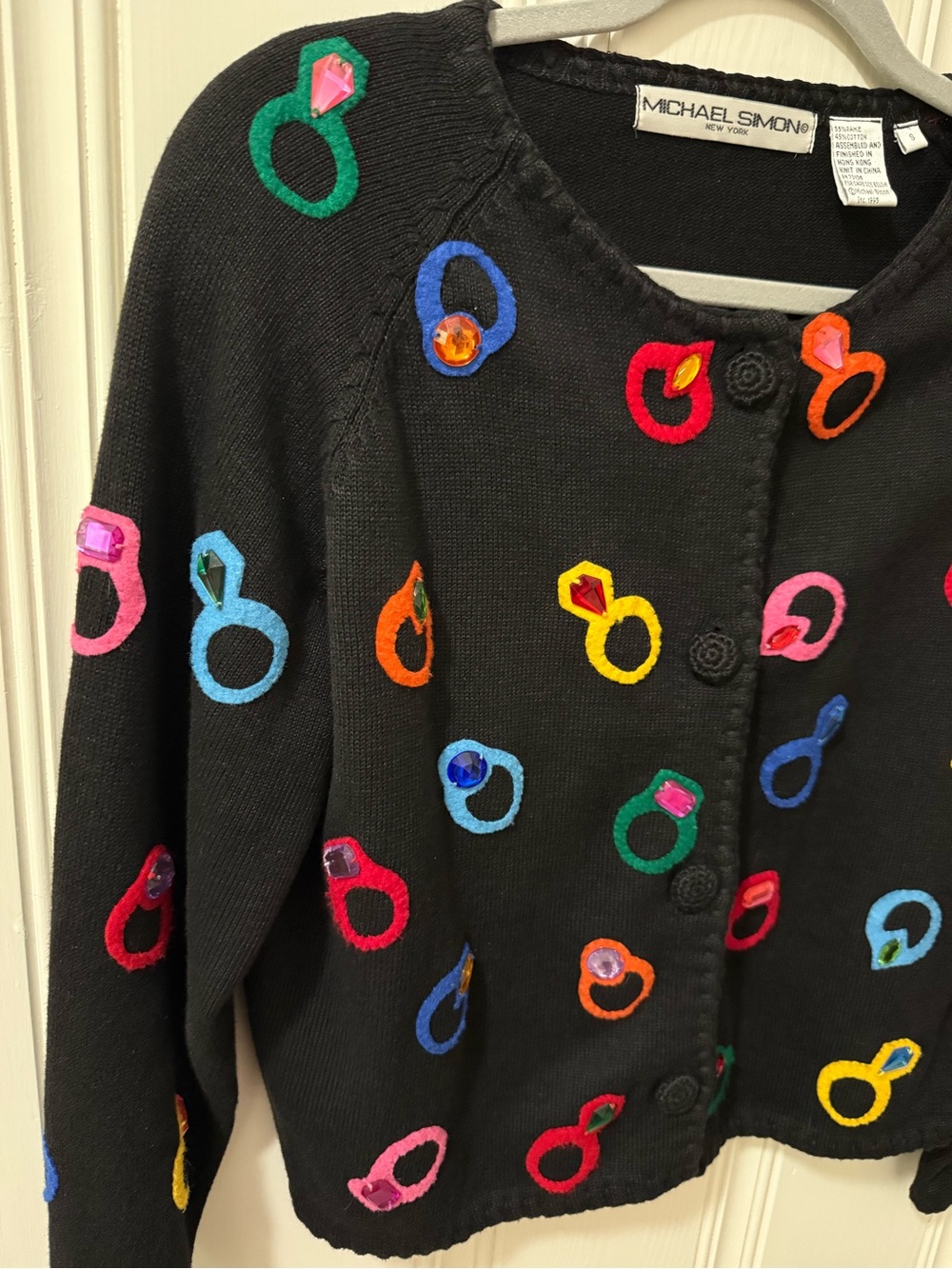 Michael Simon Black Knit Cardigan sweater Ring Appliqués small jewels - Picture 3 of 10